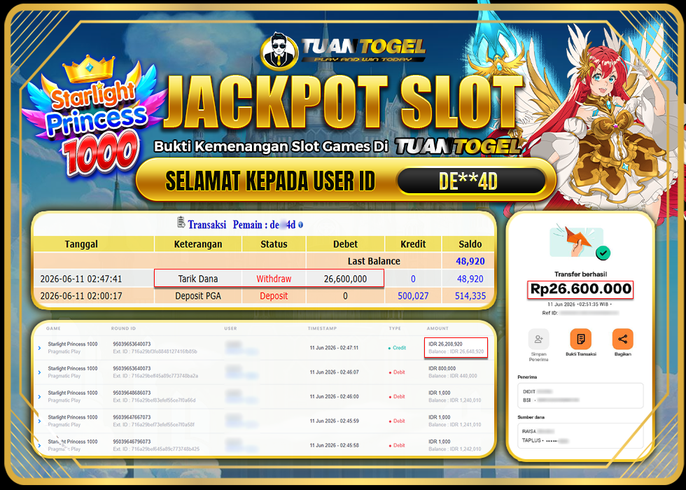 TUANTOGEL JACKPOT SLOT STARLIGHT PRINCESS 1000 Rp26.600.000,- LUNAS